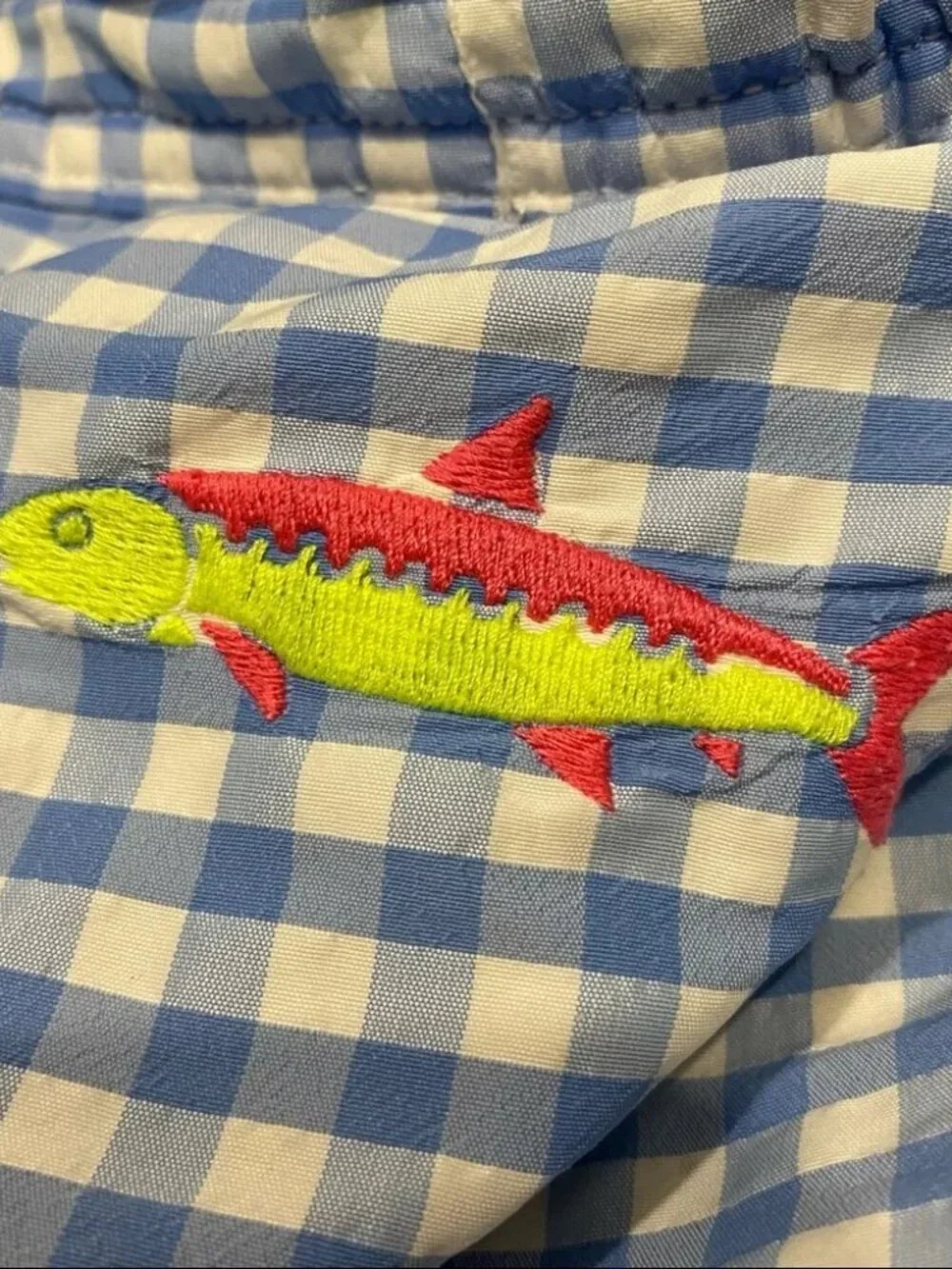 Vineyard Vines blue white gingham check bonefish embroidered Cabana swim trunks